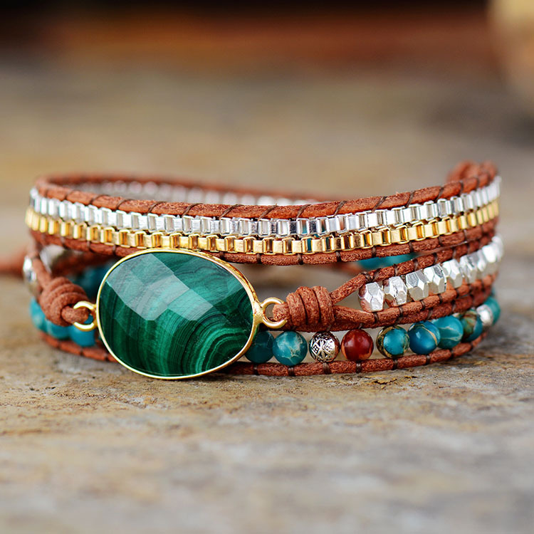 Hot selling wholesale handmade natural stone crystal malachite three coil winding beaded leather bracelet for women