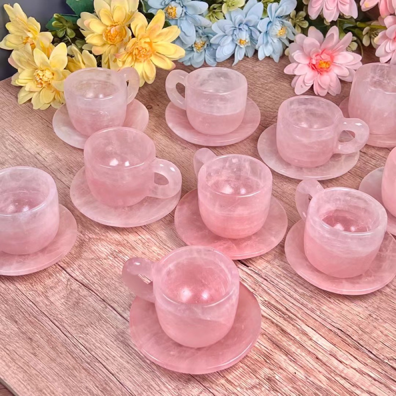 Natural healing gemstone cup carving crafts wholesale mini rose quartz crystals carvings cup set for decoration