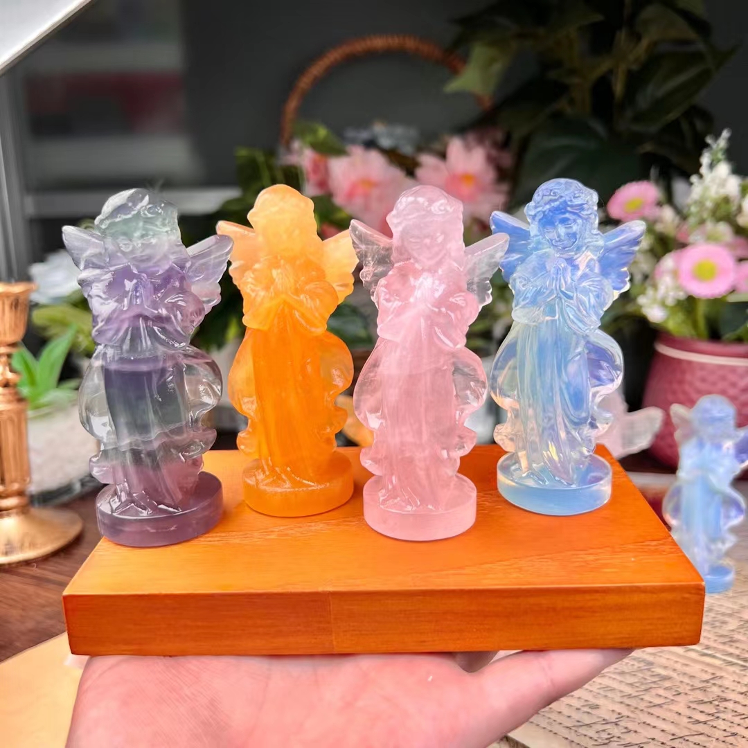 Hot sale natural stone crystal carved angel crafts healing reiki mini prayer girl angel crystal carving gemstone for decoration