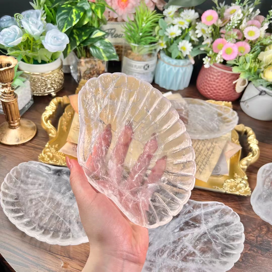 Good quality rose quartz crystal shell carved folk crafts natural transparent crystal shell gemstone carving for home decoration