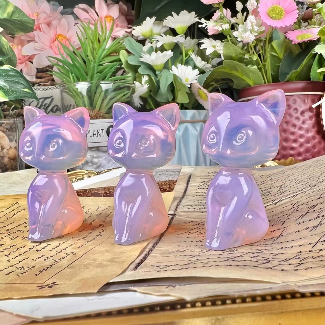 Best price hand carved crystal animal crafts natural polished mini purple opal crystal cat carving for home decoration