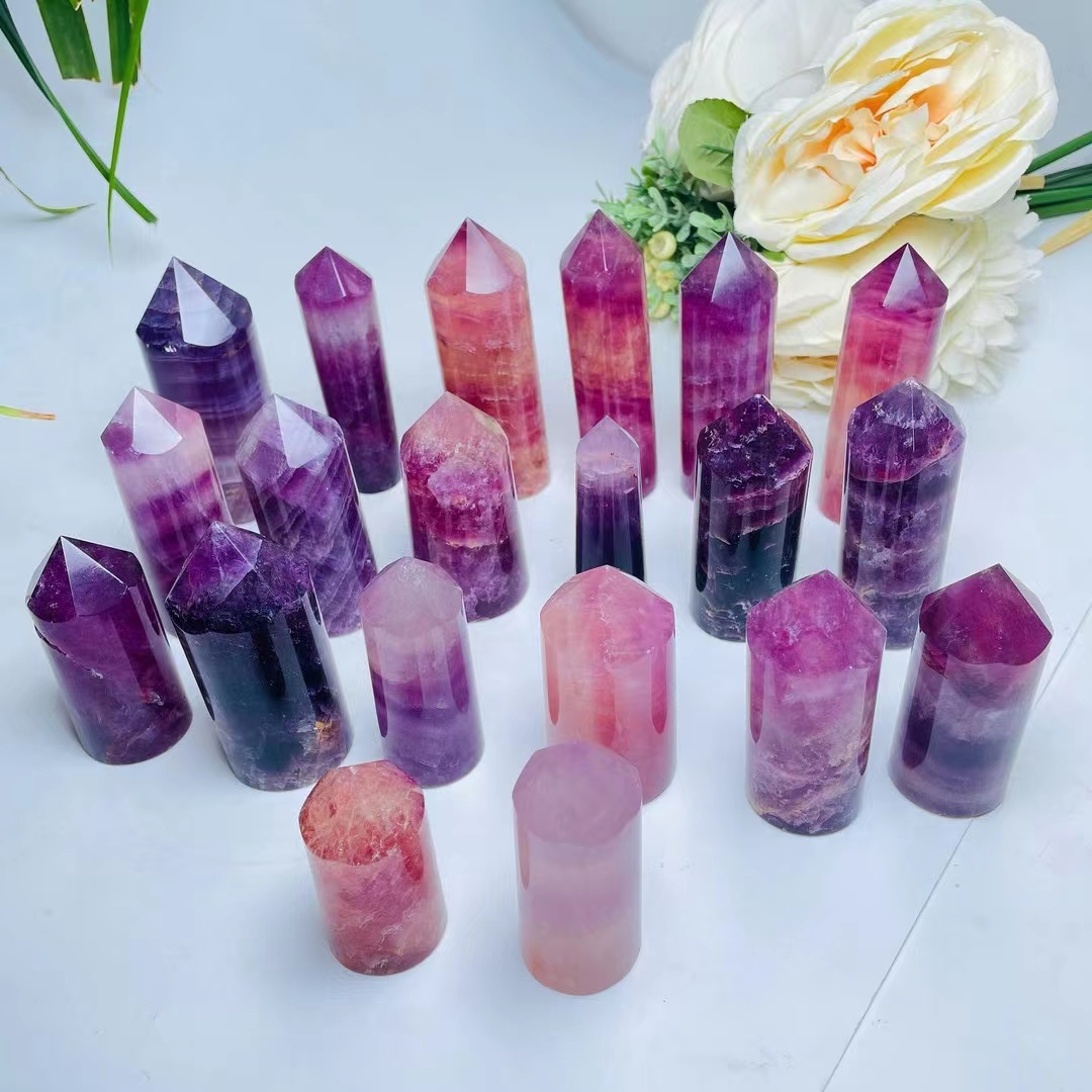 Natural polishing crystal tower wholesale healing gem stone cylindrical purple fluorite point tower for decoration