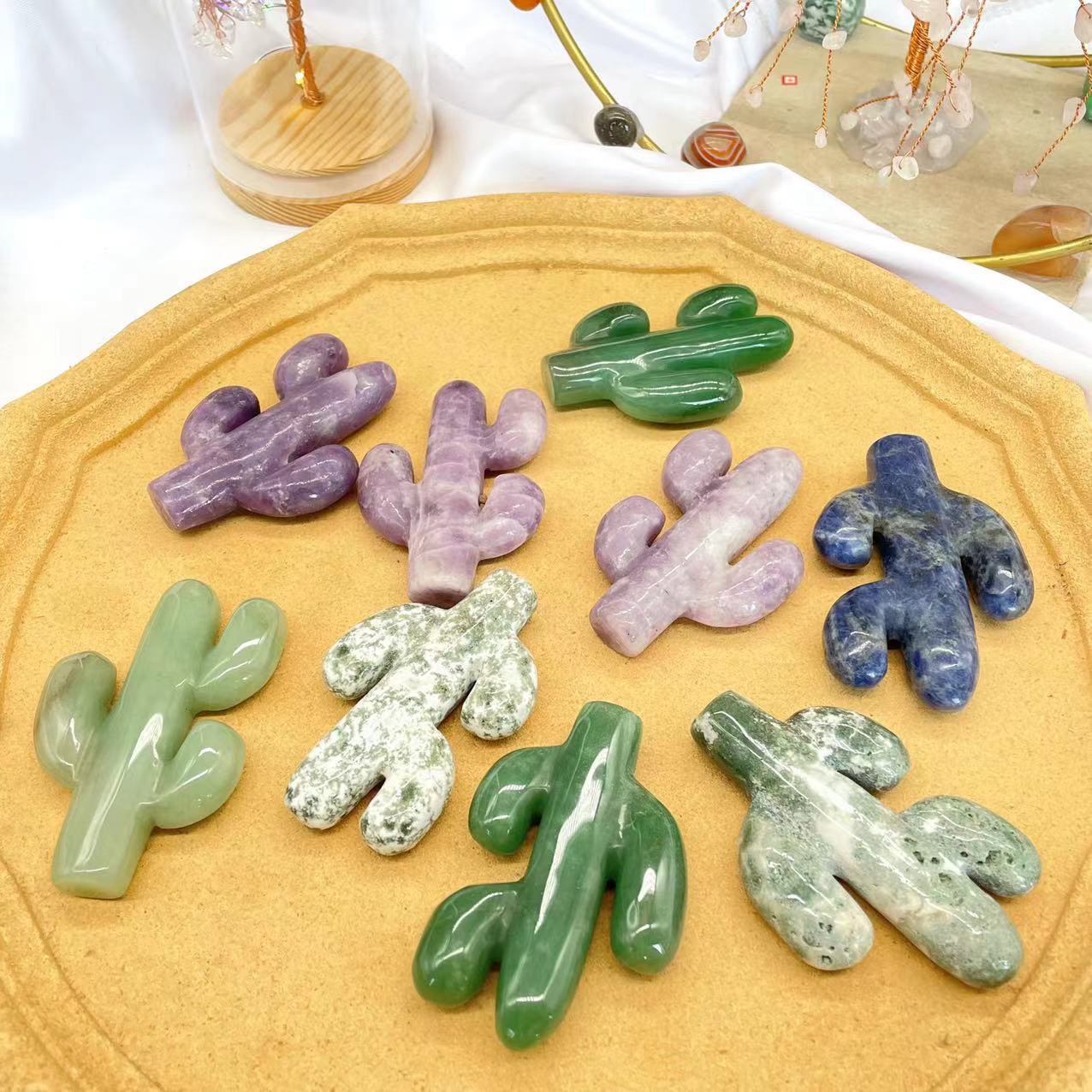 High quality healing carved crystal folk crafts natural polished moss agate cactus crystal carving for home decoration