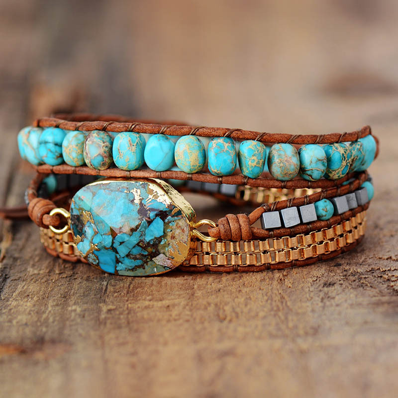 Three layer winding handmade woven leather rope bohemian beaded wind cut corner natural turquoise crystal bracelet jewelry gifts