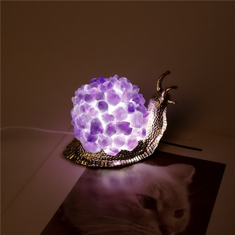 Latest creative animal snail lamp white crystal USB natural quartz amethyst cluster snail lamp crafts for home decoration