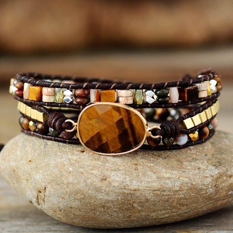 Handmade weaving fashion style multi-layer winding natural egg-shaped tiger eye stone bracelet beads crystal jewelry