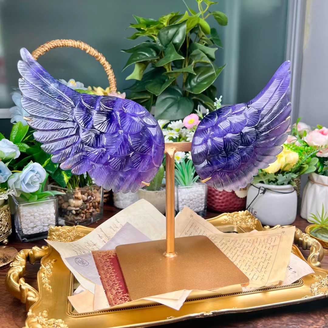 Hot sale natural reiki carved crystal angel wing wholesale fluorite carvings angel wings crystals gemstone crafts for sale