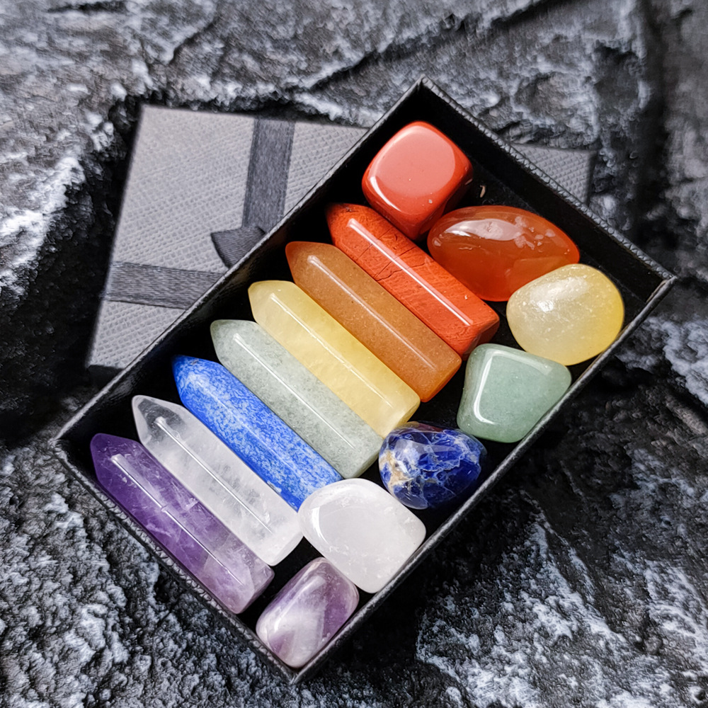 Hot Sale 7 Chakra Energy Healing Irregular Gemstone Polished Reiki Colorful Chakra Hexagonal Crystal Wand Point Tower Gift Set