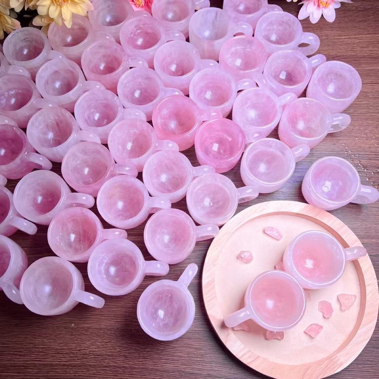 Wholesale natural healing rose quartz crystal polishing reiki gemstone mini hand carving rose crystal cup set folk crafts