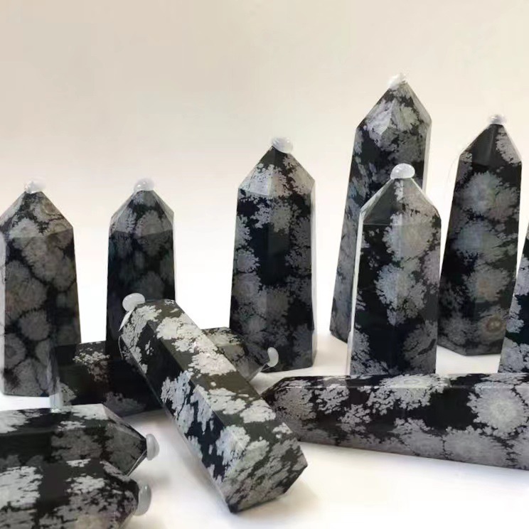 Best selling natural reiki polished snowflake obsidian crystals healing stones tower point crafts for fengshui