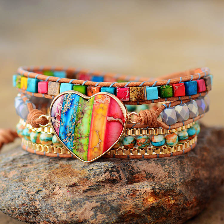 New arrival natural colorful heart-shaped emperor stone hand-woven leather wrapped multilayer beads bracelet jewelry woman