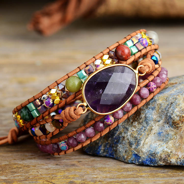 High quality wholesale hand-woven natural amethyst healing multilayer leather bohemia beaded bracelets for decoration