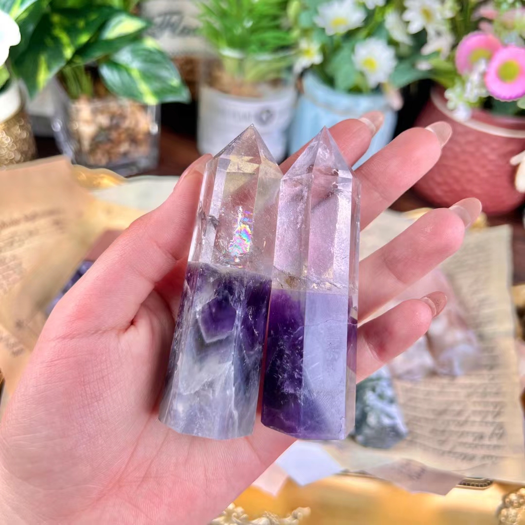 Fengshui healing crystal towers gemstone crafts natural double color stitching rose quartz crystal tower point wholesale