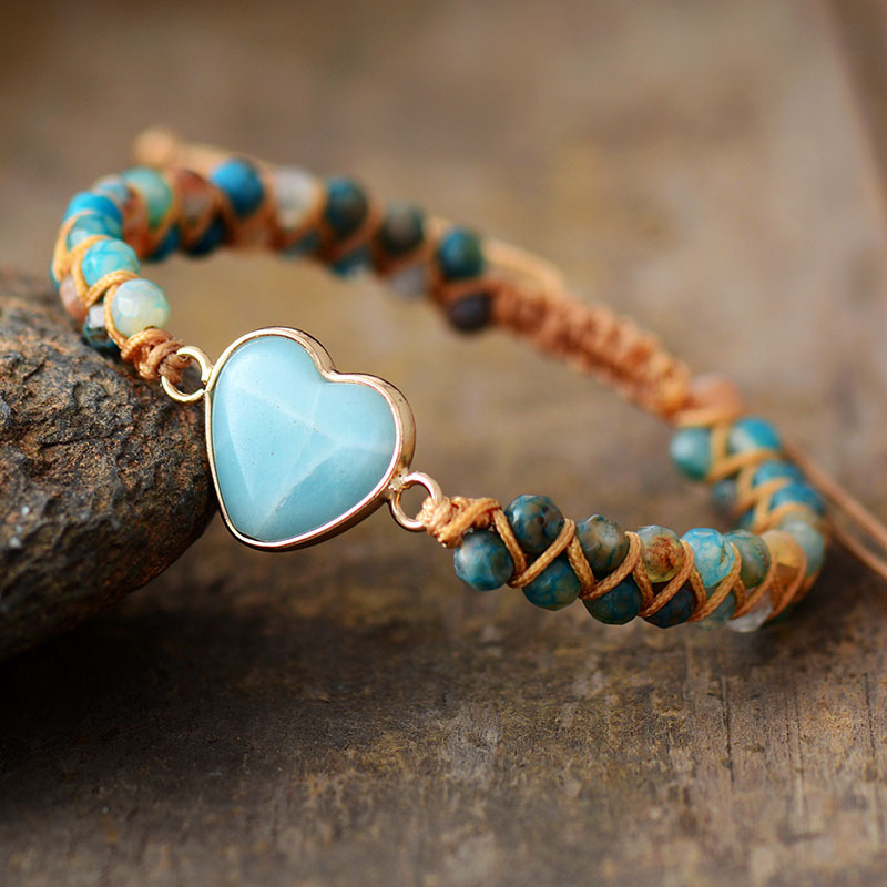 Wholesale newest adjustable amazonite heart shape double-layer hand weaving natural crystal beads bracelet jewelry for sale