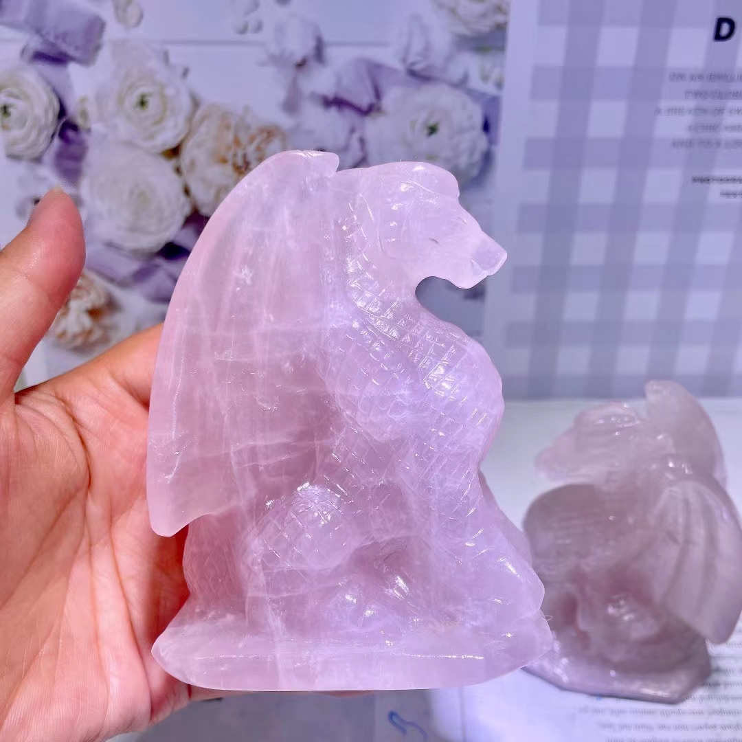 New product rose quartz hand carved gemstone natural healing flying dragon crystal carvings for decoration