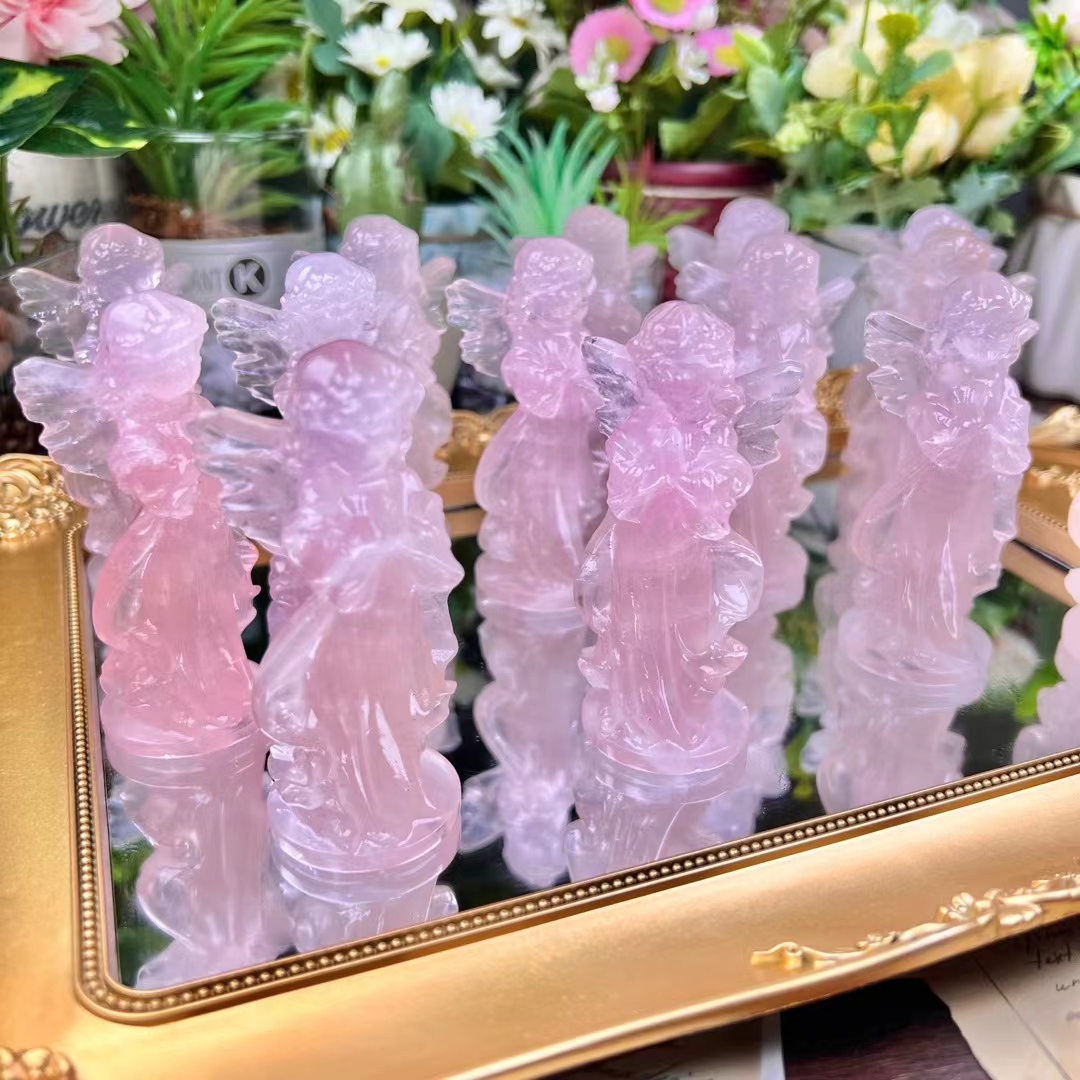 Best selling custom carved crystal angels natural 4 inches prayer angel rose crystal carving crafts for home decoration