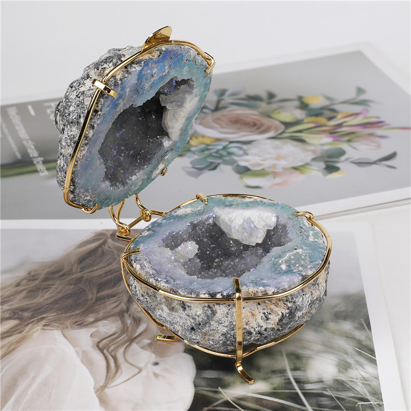 High Quality fengshui healing geode crystals cluster gemstone raw crystal natural agate geode gift ring box for home decoration