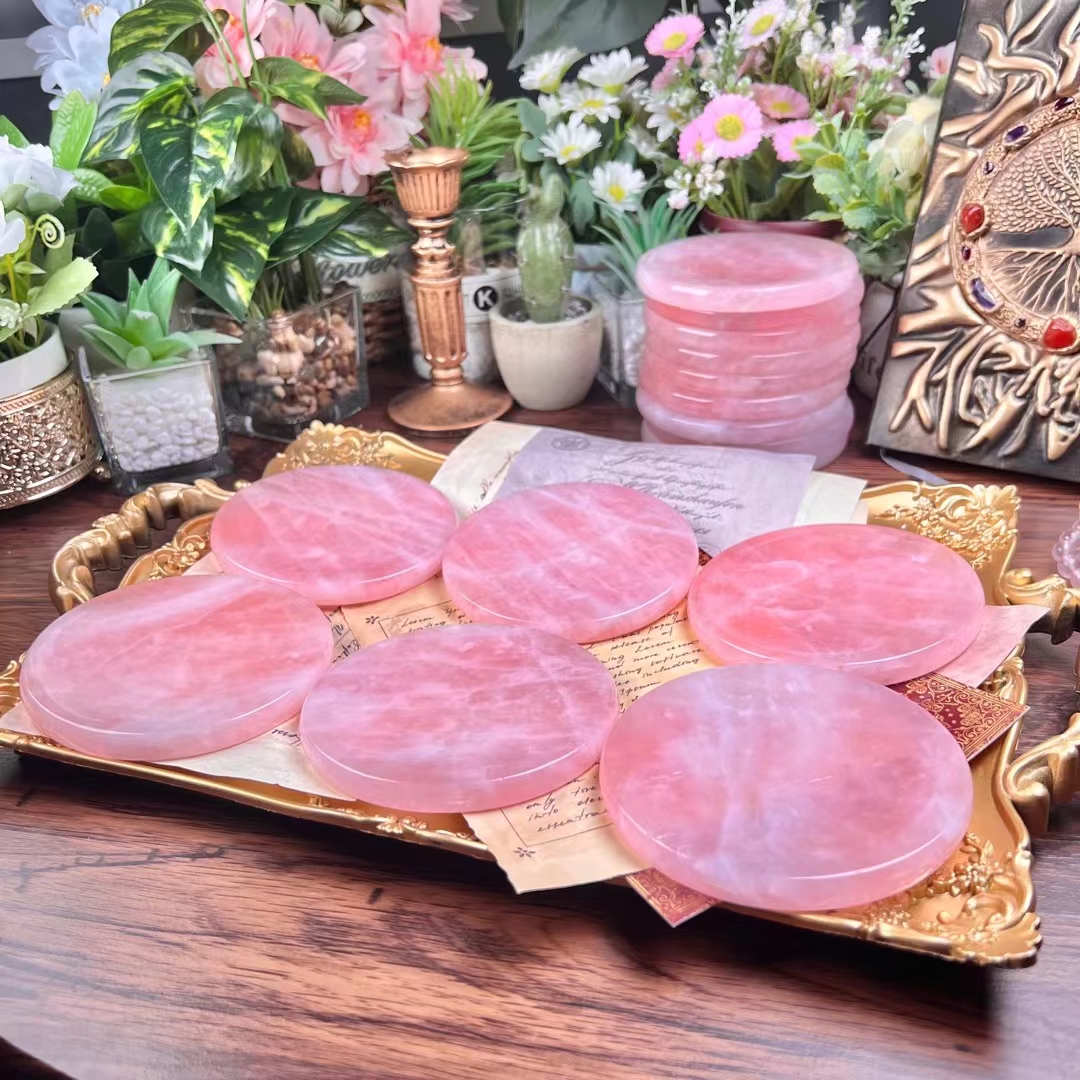 High quality natural hand carved crystal crafts polished healing quartz rose crystal stone carving round dish decoration