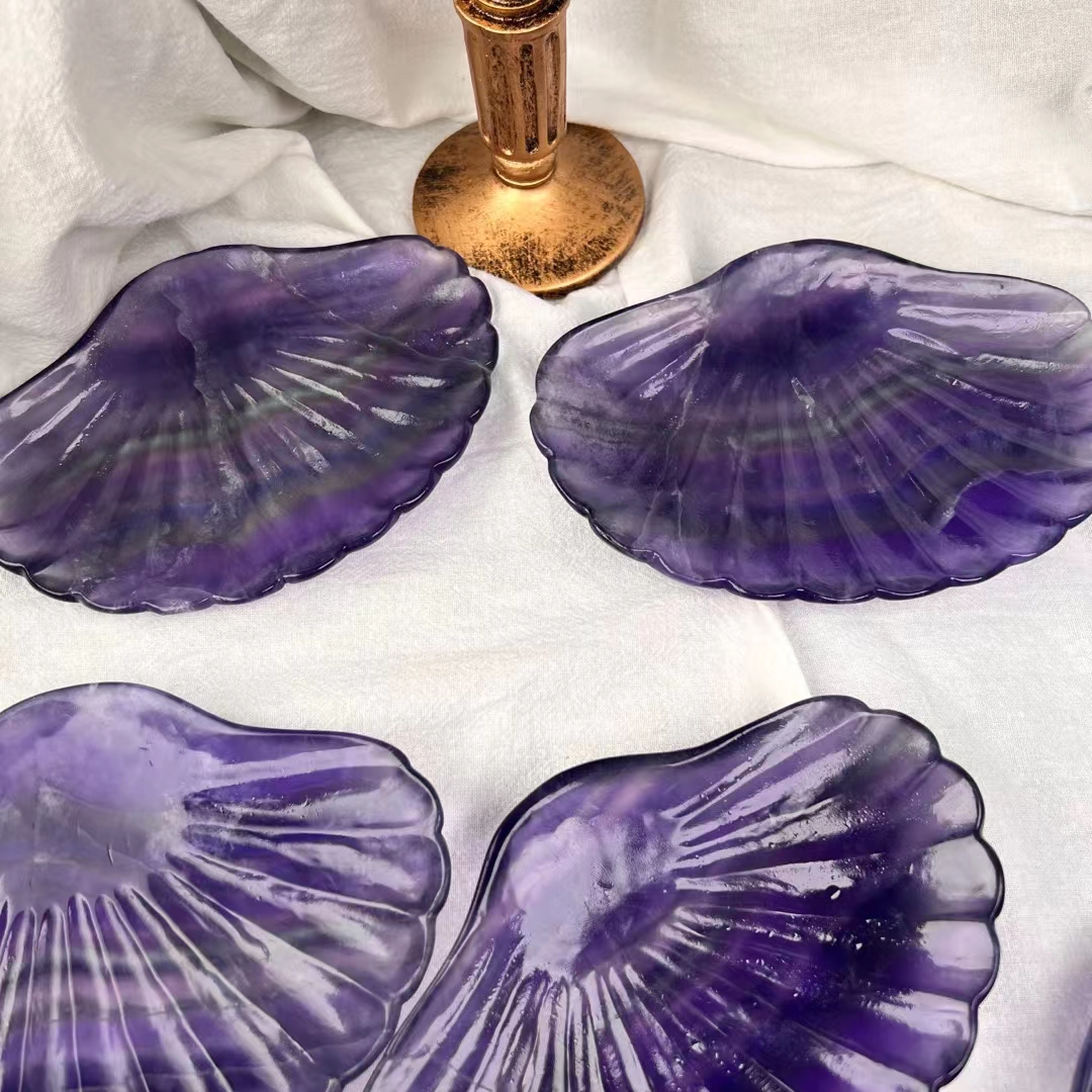 Crystal crafts hand carved stone bowls natural healing purple fluorite carved crystal shell bowl furnishing articles for gifts