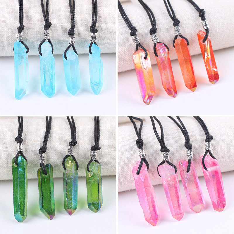 Natural Polished hexagonal gemstone pendant necklace healing colorful hexagon tower crystal wand point pendant for decoration