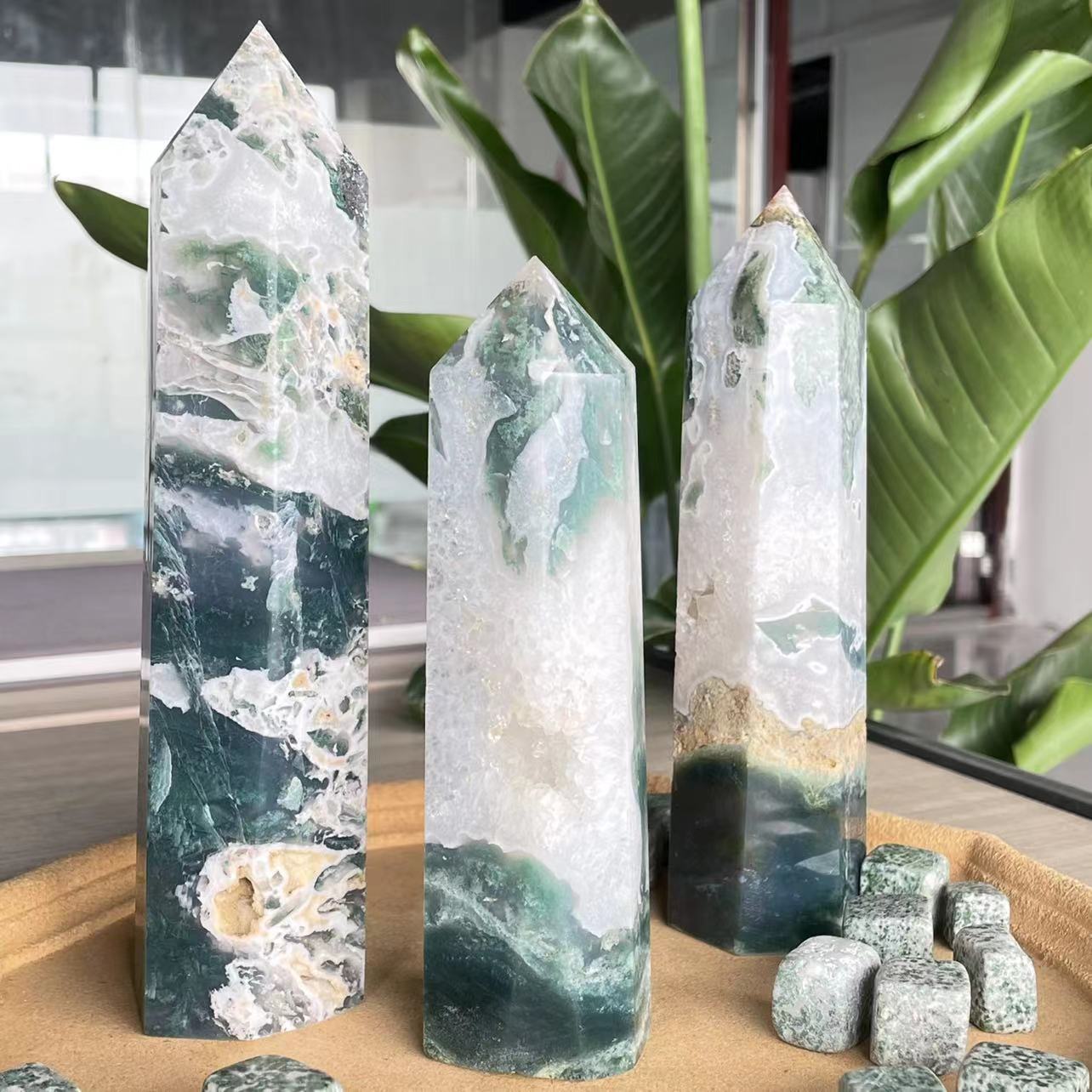 New arrivals best price healing polished natural druzy moss agate crystal point tower wand wholesale for fengshui