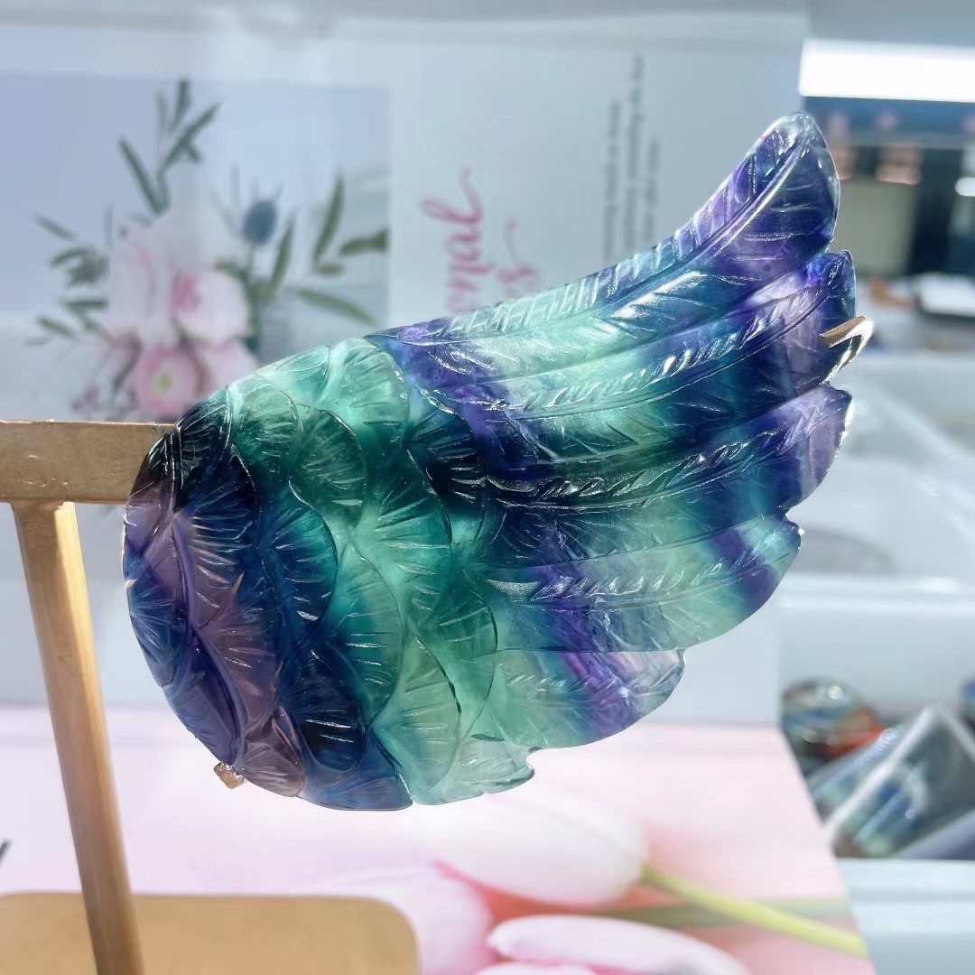 Wholesale high quality natural crystal wing carved crafts healing polished colored fluorite wing crystal carvings for sale