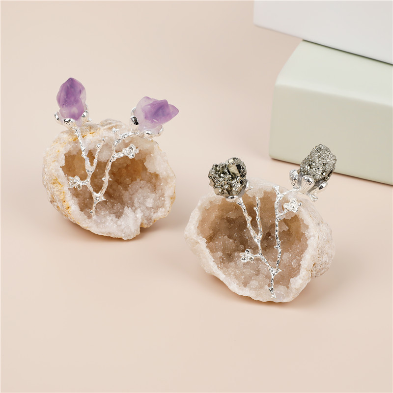 Natural healing reiki wholesale hollow agate crystal cluster cave inlaid with silver flower branch for decoration crafts