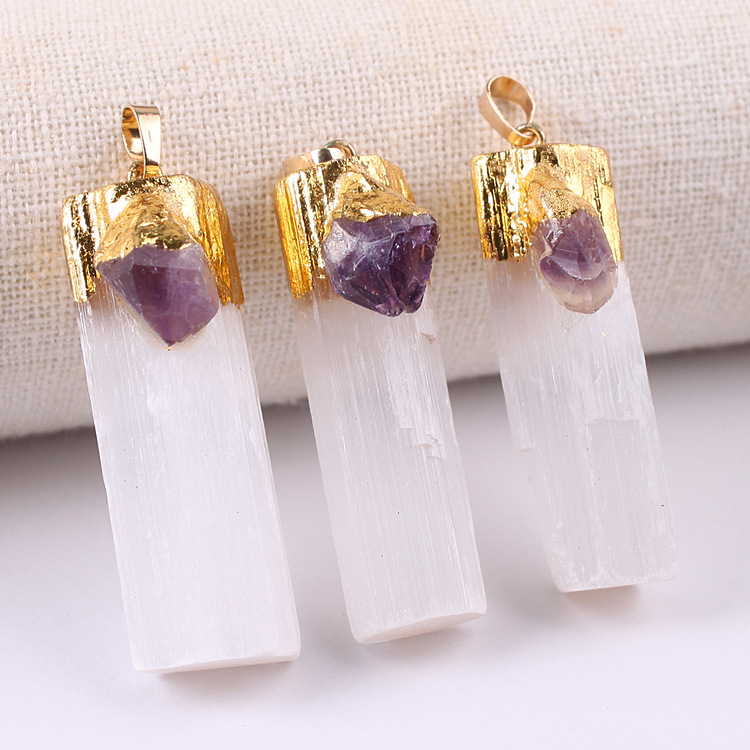 wholesale natural Stone Crystal amethyst citrine gold plated selenite pendant necklace crystals healing stones for gifts