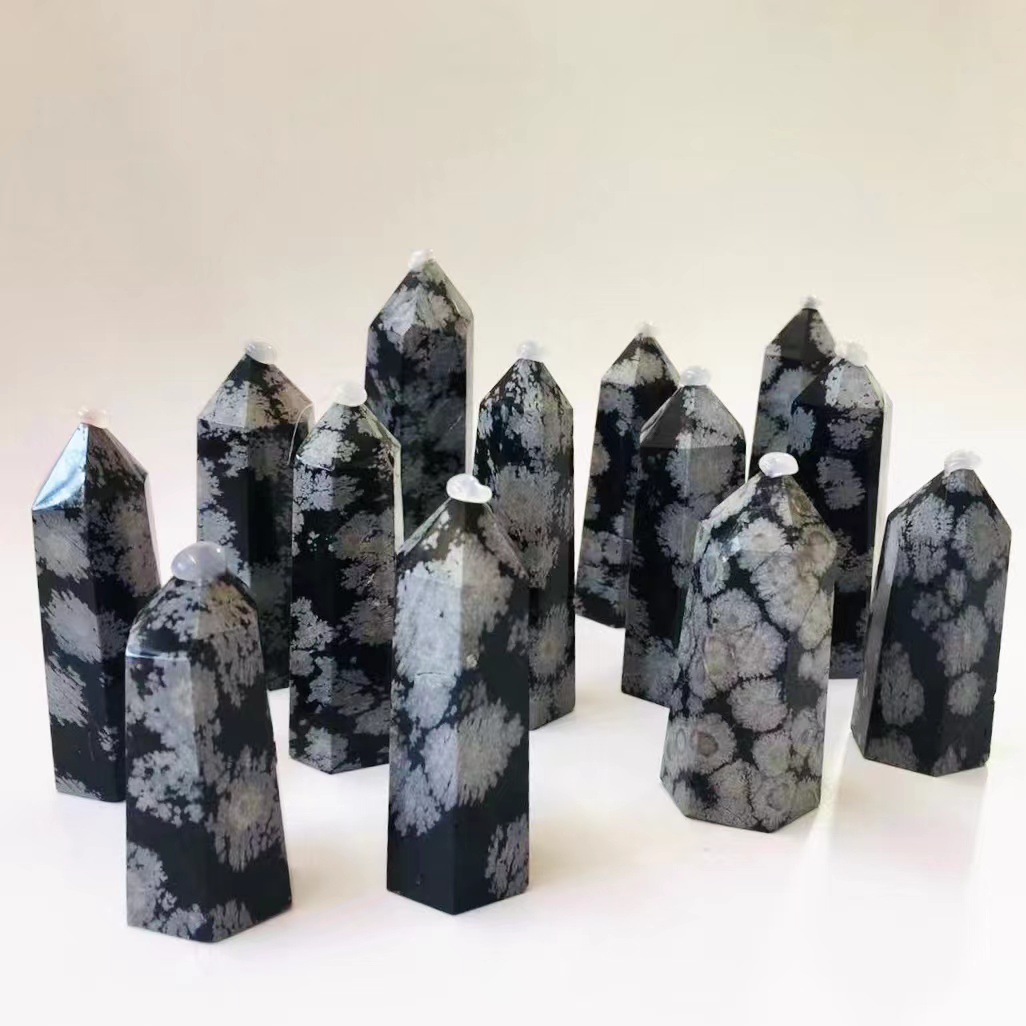 Best selling natural reiki polished snowflake obsidian crystals healing stones tower point crafts for fengshui