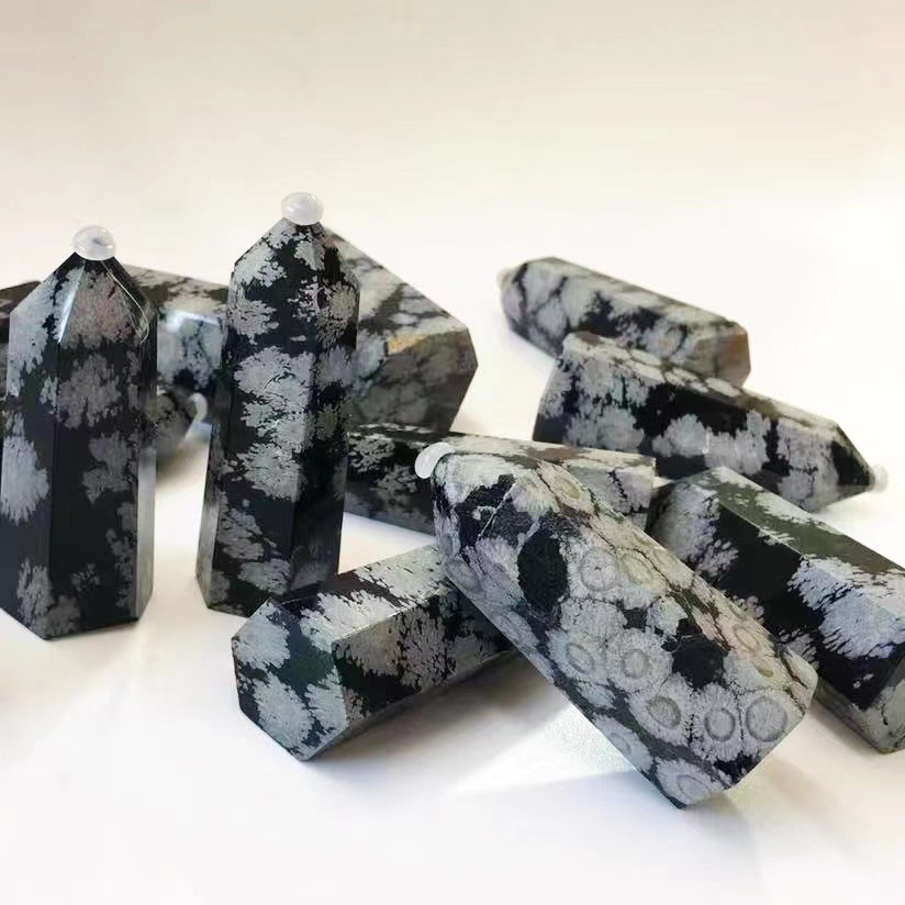 Best selling natural reiki polished snowflake obsidian crystals healing stones tower point crafts for fengshui