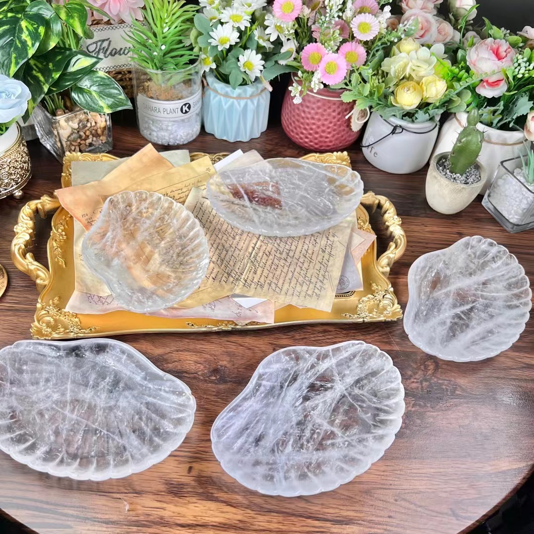 Good quality rose quartz crystal shell carved folk crafts natural transparent crystal shell gemstone carving for home decoration