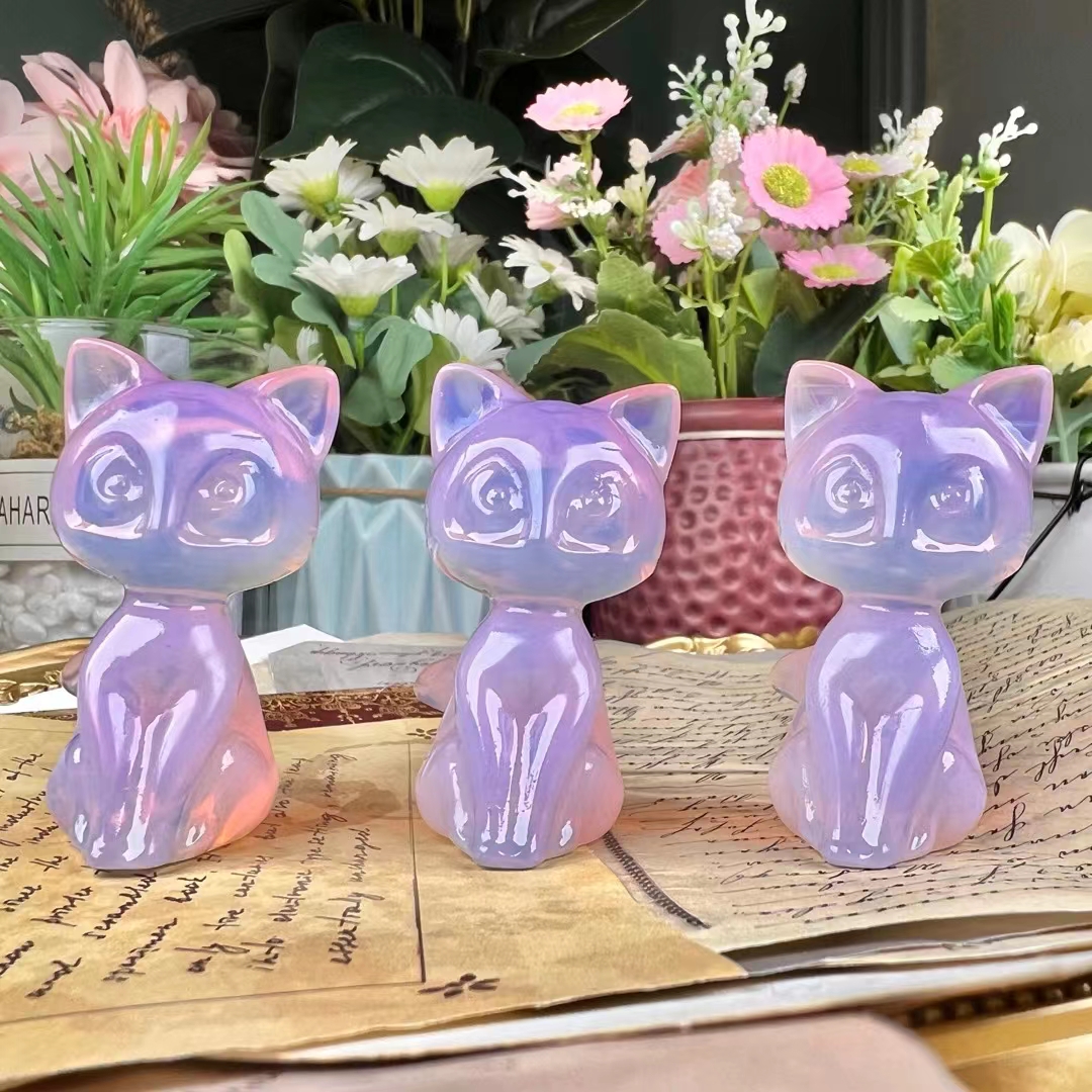 Best price hand carved crystal animal crafts natural polished mini purple opal crystal cat carving for home decoration