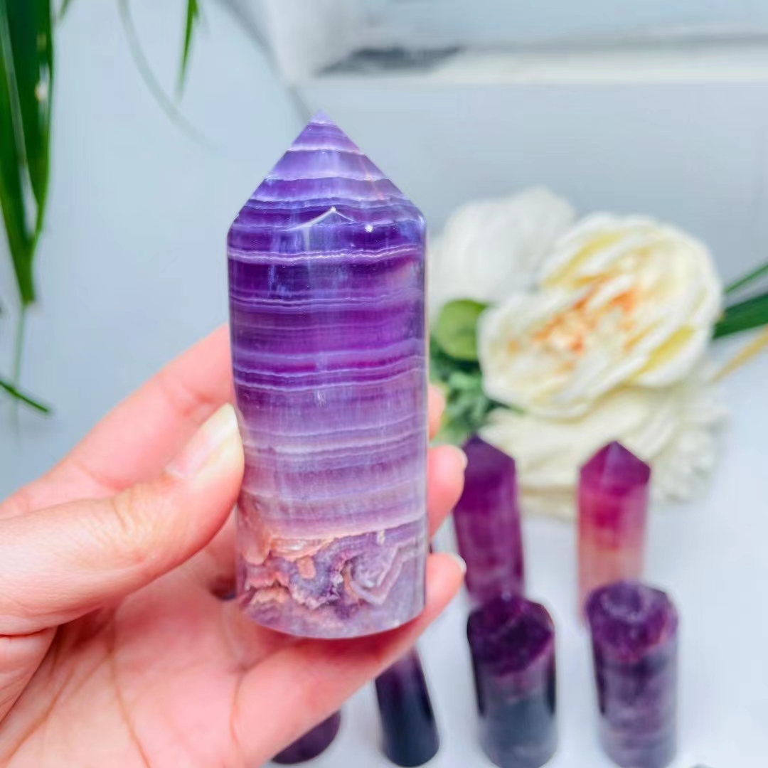 Natural polishing crystal tower wholesale healing gem stone cylindrical purple fluorite point tower for decoration