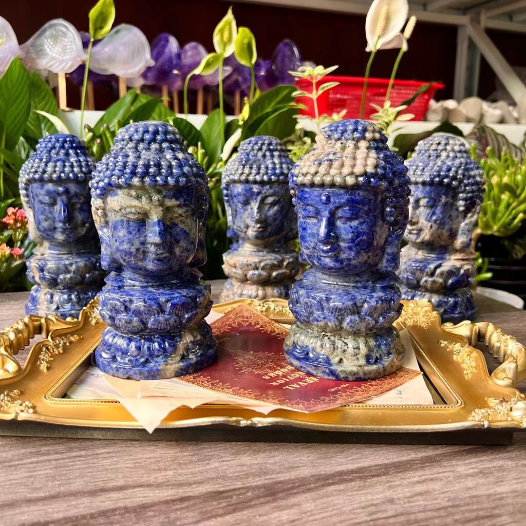 High quality natural healing 7inches blue druzy stone buddha head crystal carving folk crafts for decoration