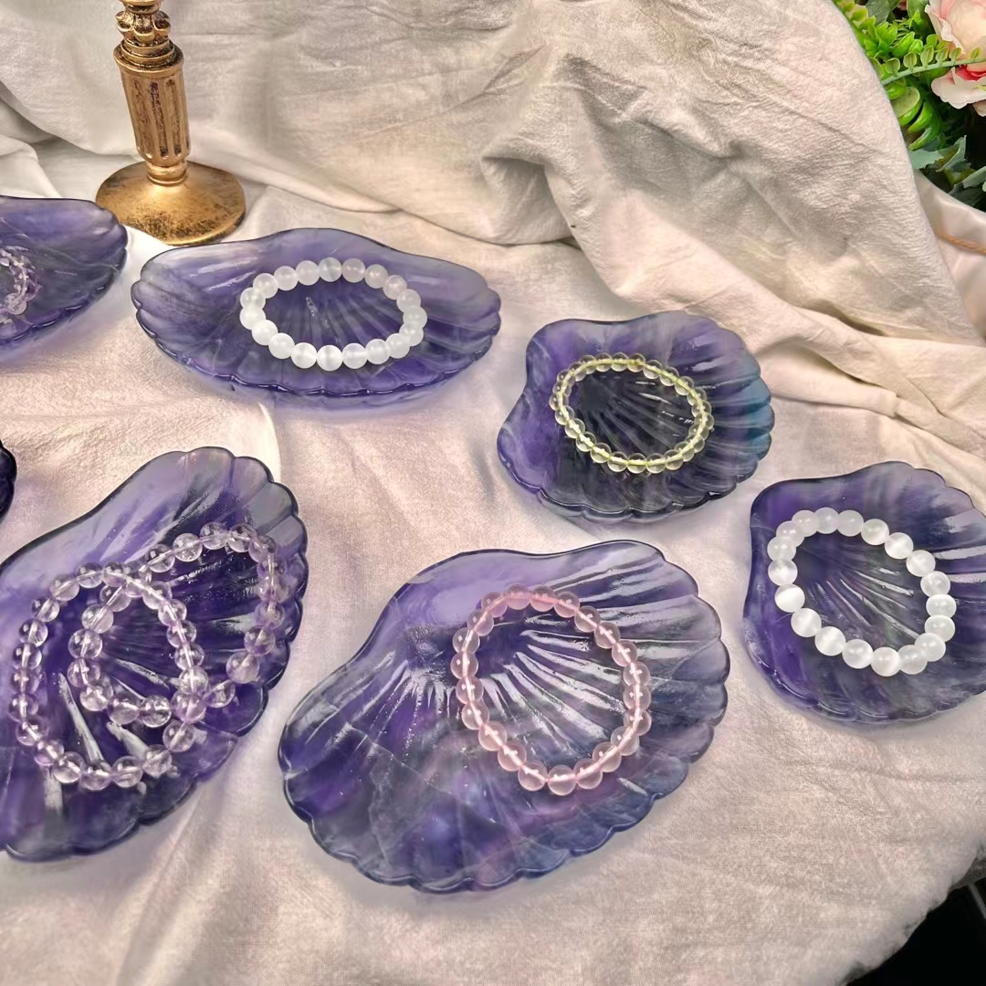 Crystal crafts hand carved stone bowls natural healing purple fluorite carved crystal shell bowl furnishing articles for gifts