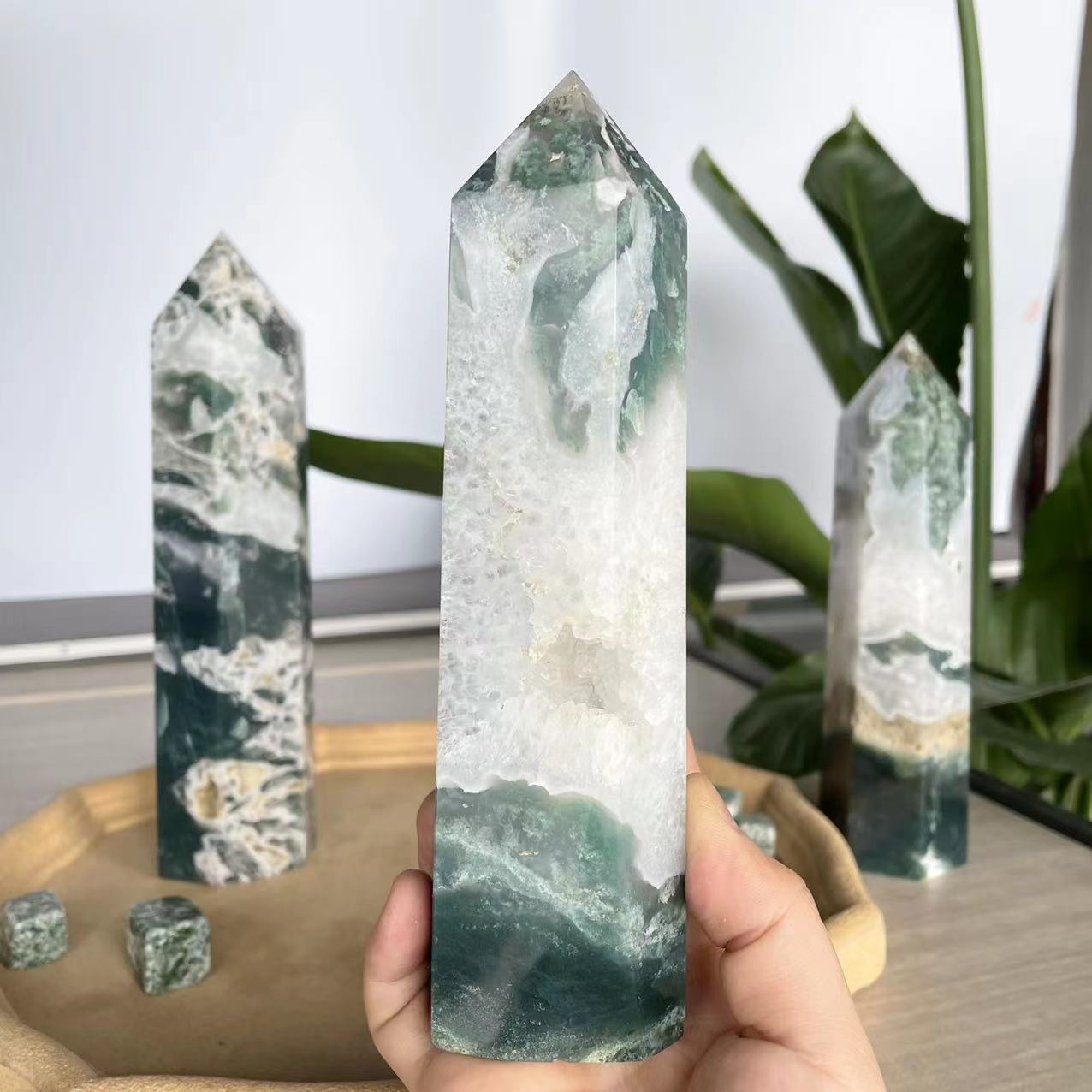 New arrivals best price healing polished natural druzy moss agate crystal point tower wand wholesale for fengshui