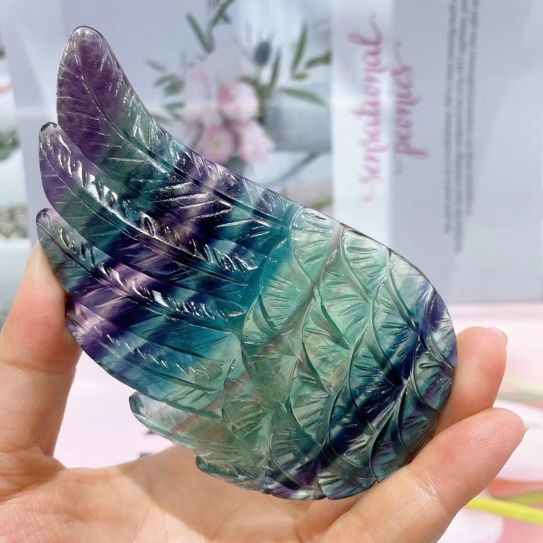 Wholesale high quality natural crystal wing carved crafts healing polished colored fluorite wing crystal carvings for sale