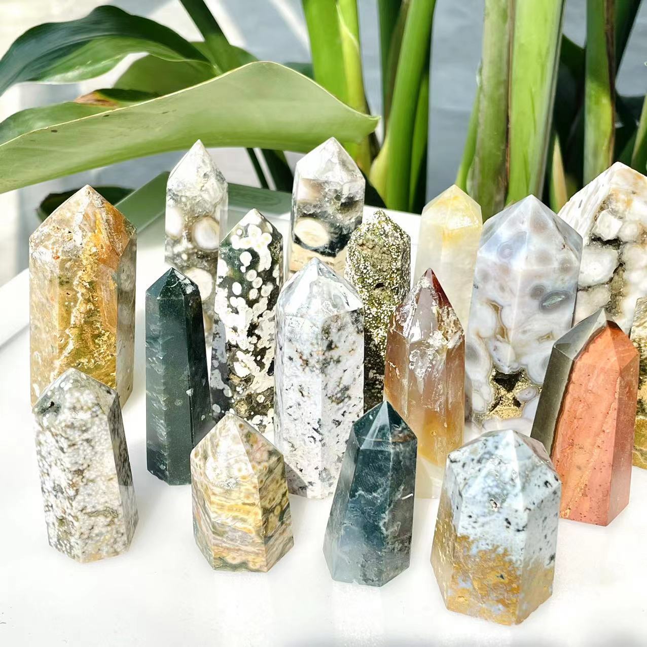 Good quality wholesale natural energy crystal point polishing marine jasper crystals healing stones tower for decoration