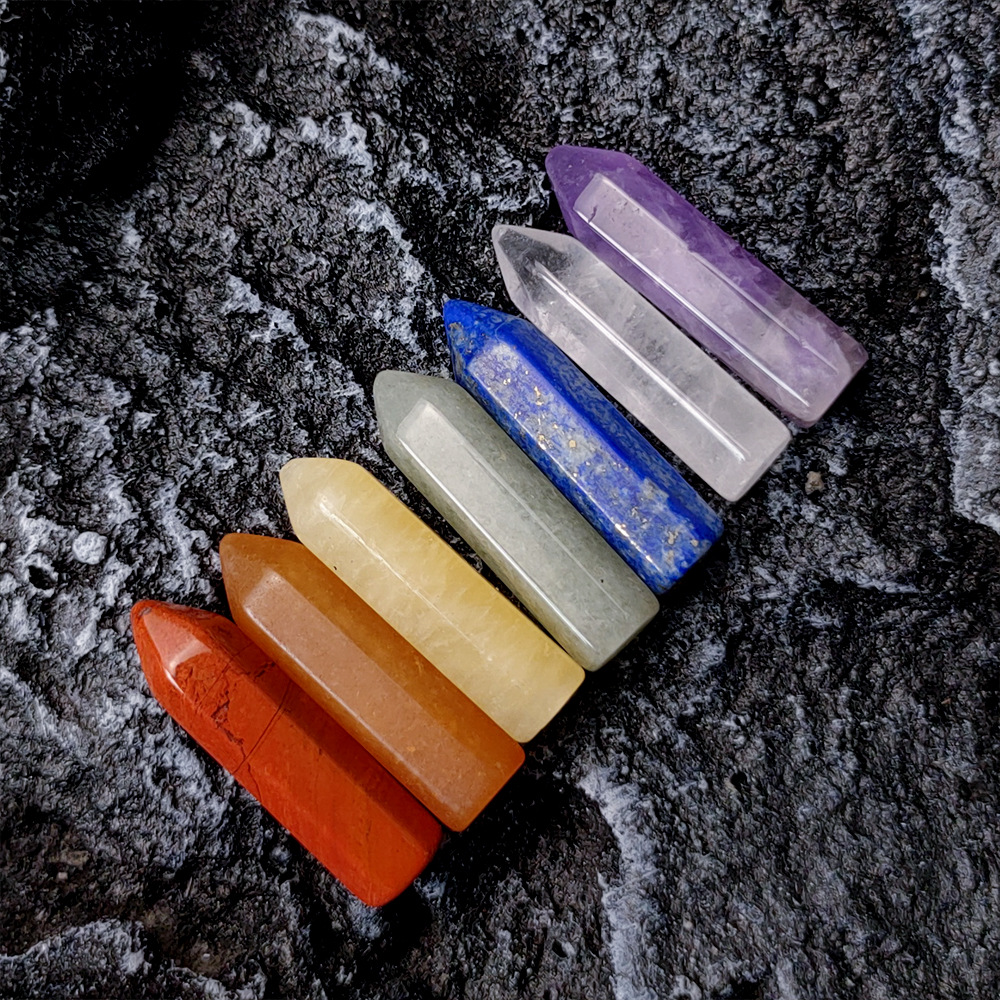 Hot Sale 7 Chakra Energy Healing Irregular Gemstone Polished Reiki Colorful Chakra Hexagonal Crystal Wand Point Tower Gift Set