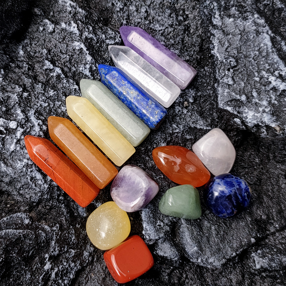 Hot Sale 7 Chakra Energy Healing Irregular Gemstone Polished Reiki Colorful Chakra Hexagonal Crystal Wand Point Tower Gift Set