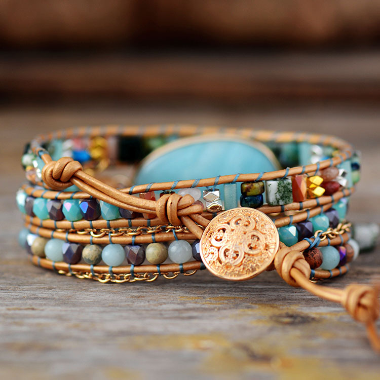 Energy healing amazonite hand-woven multilayer leather wrap colorful natural beads bracelets crystal jewelry wholesale