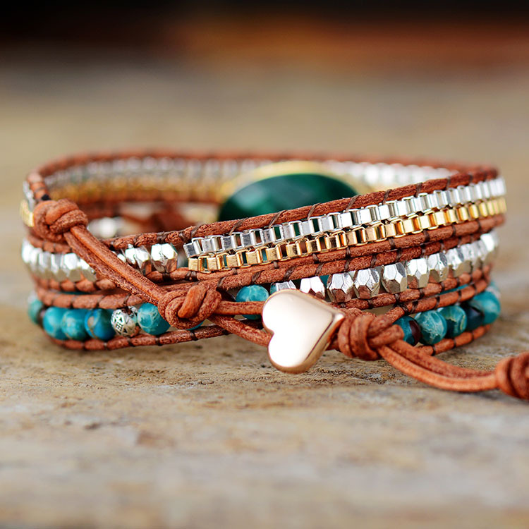 Hot selling wholesale handmade natural stone crystal malachite three coil winding beaded leather bracelet for women