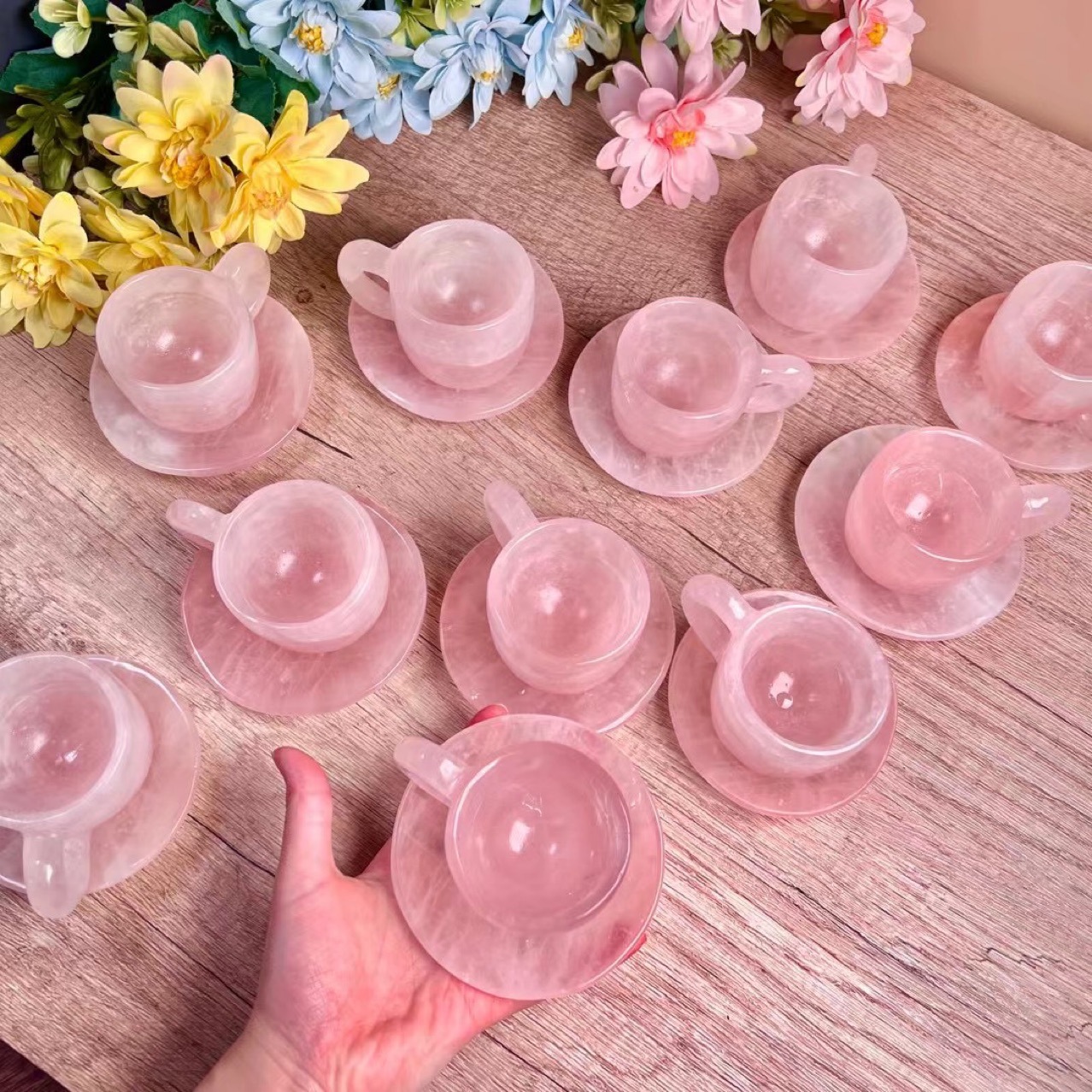 Natural healing gemstone cup carving crafts wholesale mini rose quartz crystals carvings cup set for decoration