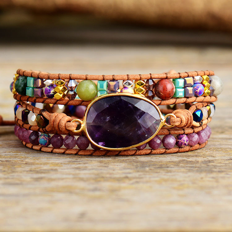 High quality wholesale hand-woven natural amethyst healing multilayer leather bohemia beaded bracelets for decoration