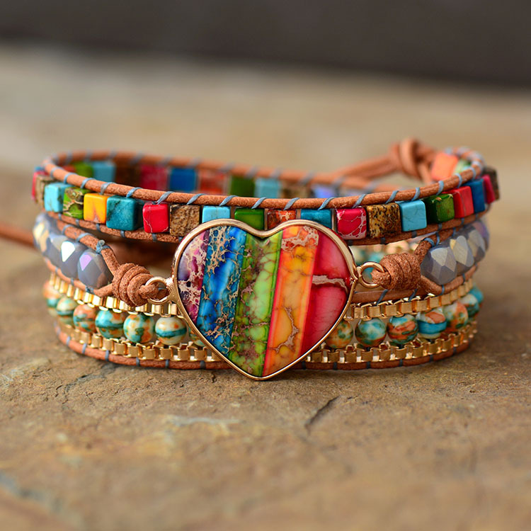 New arrival natural colorful heart-shaped emperor stone hand-woven leather wrapped multilayer beads bracelet jewelry woman