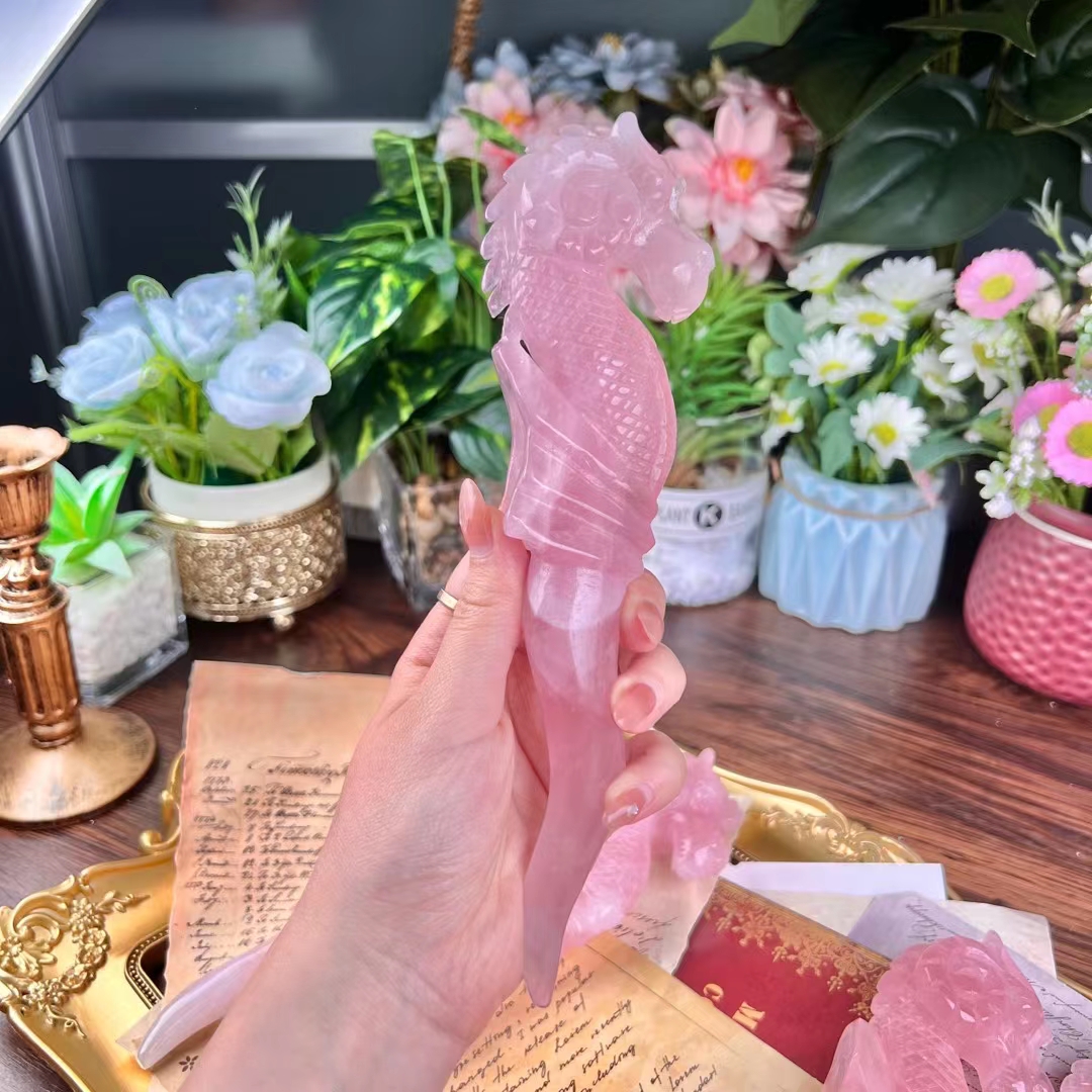 Best selling natural carved animal gemstones healing polished rose crystal carved dragon head scepter for gifts