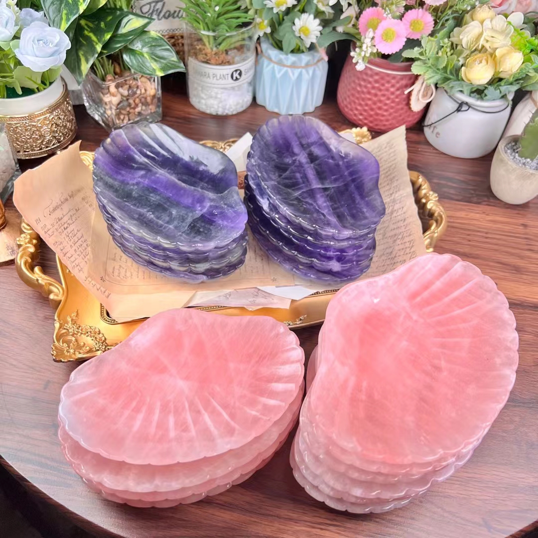 Good quality rose quartz crystal shell carved folk crafts natural transparent crystal shell gemstone carving for home decoration