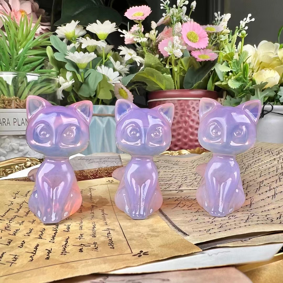 Best price hand carved crystal animal crafts natural polished mini purple opal crystal cat carving for home decoration