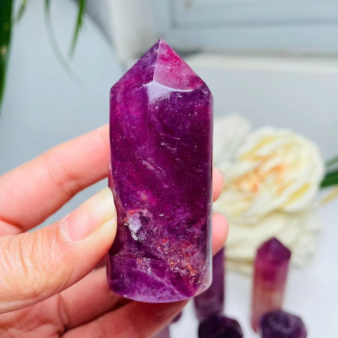 Natural polishing crystal tower wholesale healing gem stone cylindrical purple fluorite point tower for decoration