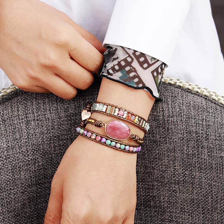 Bohemian hand woven multilayer winding leather wrap rose quartz crystal healing beads bracelet natural stone jewelry